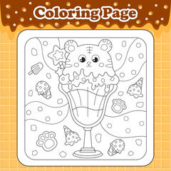 Summer sweets themed coloring page for kids with kawaii animal character tiger shaped ice cream with chocolate