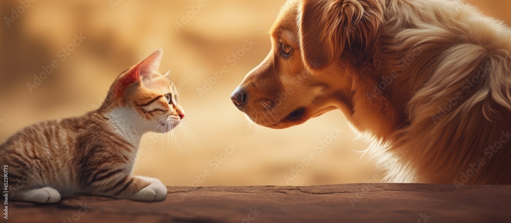 Poster the interaction between the dog and cat isolated pastel background copy space