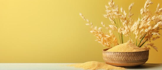 Dry golden paddy jasmine rice in a bamboo basket isolated on a isolated pastel background Copy space