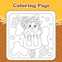 Summer sweets themed coloring page for kids with kawaii animal character cow shaped ice cream