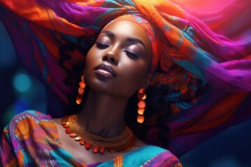 Portrait of african woman with colorful headwrap  - obrazy, fototapety, plakaty