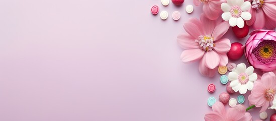 Isolated isolated pastel background Copy space with stylish pink nail polish adorned with flowers and candy in vibrant colors - obrazy, fototapety, plakaty