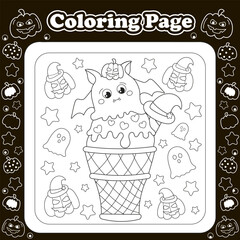 Halloween sweets themed coloring page for kids with kawaii ghost and pumpkin character shaped ice cream