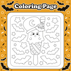 Halloween sweets themed coloring page for kids with kawaii ghost and cauldron character shaped ice cream