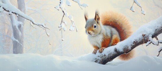 Sitting squirrel near snowy tree isolated pastel background Copy space
