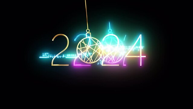 2024 Happy New Year golden shine glittering text glitch cyber punk effect with snowball animation on black background. Isolated with alpha channel quicktime prores 444. 