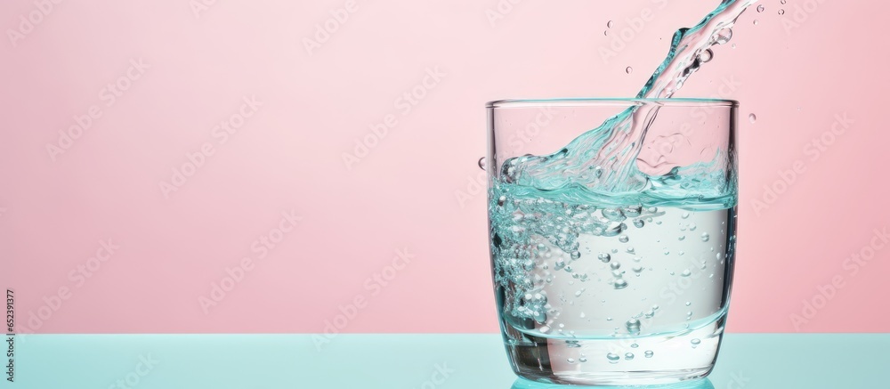 Aufkleber clear water in a glass on isolated pastel background copy space surface with a splash