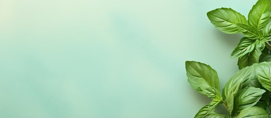 Closeup of sweet basil leaves on a isolated pastel background Copy space