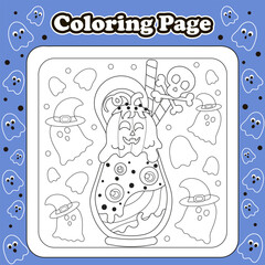 Halloween sweets themed coloring page for kids with kawaii pumpkin and bat character shaped ice cream
