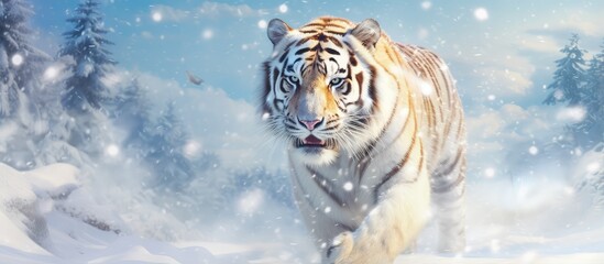 Unique cartoon snow tiger design walking in falling snow isolated pastel background Copy space
