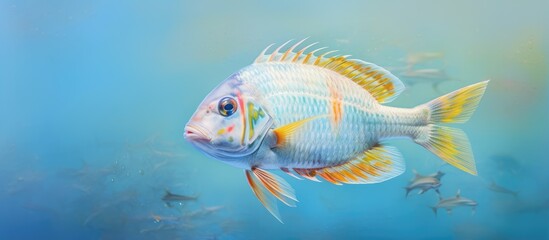 Puntius padamya commonly known as aquarium fish isolated pastel background Copy space