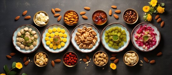 Traditional Diwali treats from India in white bowls Maharashtras favorite recipes with dry fruits...