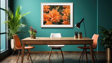 Mock up poster frame in Home Office  Tropical Style   , Mockups Design 3D, HD
