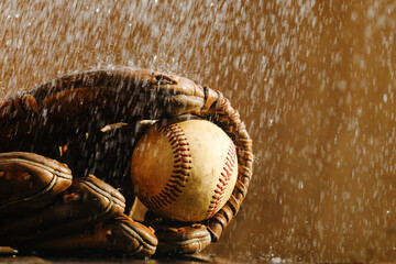 Rain game concept for baseball sport, copy space on background.