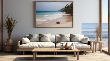Fototapeta premium Mock up poster frame in Living Room Coastal-Inspired , Mockups Design 3D, HD