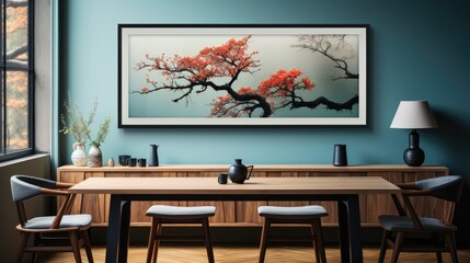 Mock up poster frame in Dining Room Japanese in Blue f, Mockups Design 3D, HD