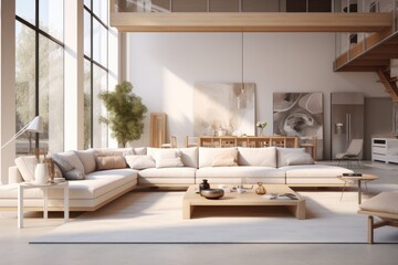 Fototapeta na wymiar Modern and Spacious Living Room With Large White Couch as the Focal Point