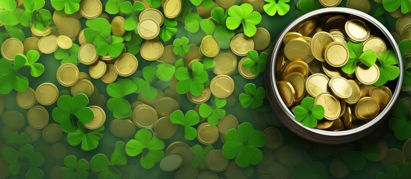 Pattern of many identical coins in a pot on a isolated pastel background Copy space an essential accessory for St Patricks Day