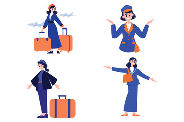 Hand Drawn Flight attendant with suitcase in flat style