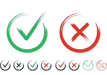 Grunge check marks, tick and cross brush signs isolated on white background © DesignToonsy