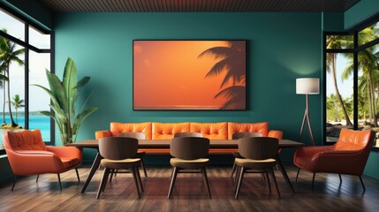 Mock up poster frame in Dining Room Tropical Resort in  , Mockups Design 3D, HD