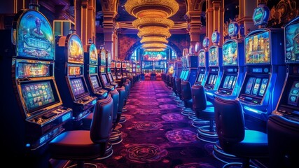 Futuristic modern casino interior in neon purple, blue and red hues with slot machines
