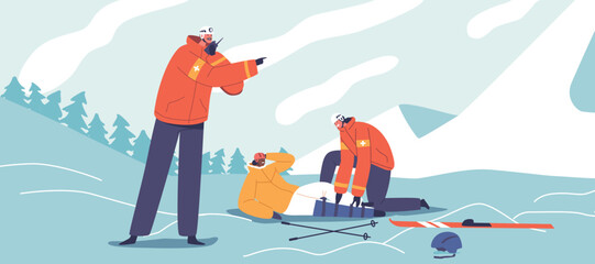 Brave Rescuers Provide Vital Aid To An Injured Skier In The Rugged Mountain Terrain, Showcasing Teamwork, Courage