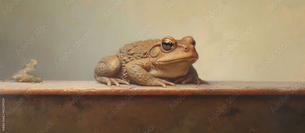 Poster toad resting on a bench isolated pastel background copy space