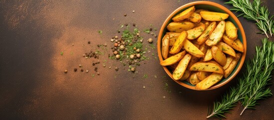 Closeup of crispy deep fried American potato wedges with herbs in a black bowl isolated pastel background Copy space