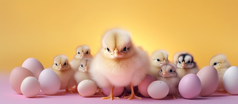 Isolated large egg with Easter chicks surrounding it isolated pastel background Copy space