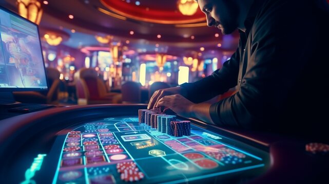Someone playing online casino on their computer in a casino atmosphere on a green carpet