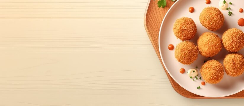 Chicken croquettes from Brazil presented on a white plate with a isolated pastel background Copy space