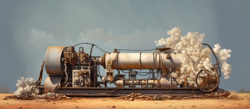 Old dirty cotton gin machine on the floor used to extract cotton fibers from seedpods Industrial machinery isolated pastel background Copy space