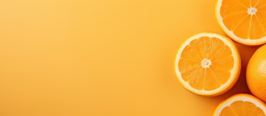 Macro view of sliced orange fruit on a isolated pastel background Copy space