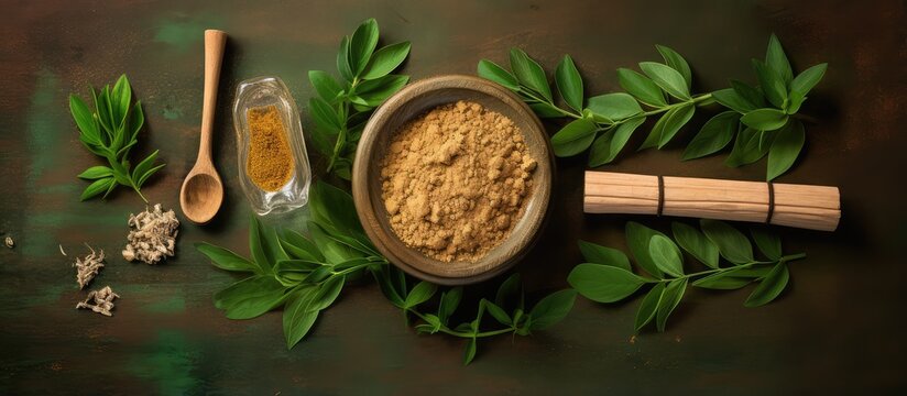 Selective focus isolated pastel background Copy space leaves with miniature bottle containing traditional perfume or oil along with sticks and powder made of sandalwood in a traditional mortar
