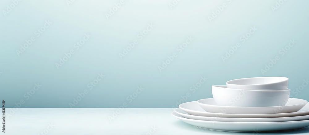 Poster empty soup bowls stacked on a light isolated pastel background copy space white porcelain copy space