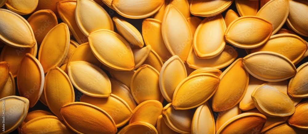 Aufkleber a zoomed in view of pumpkin seeds isolated pastel background copy space