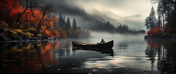 A peaceful voyage unfolds on a misty lake, where a lone boat gracefully navigates through a sea of vibrant autumn foliage!