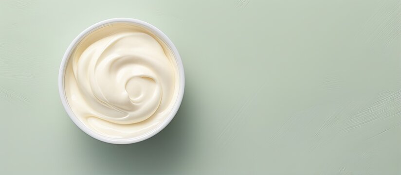 A isolated pastel background Copy space showcases a bowl of sour cream from above