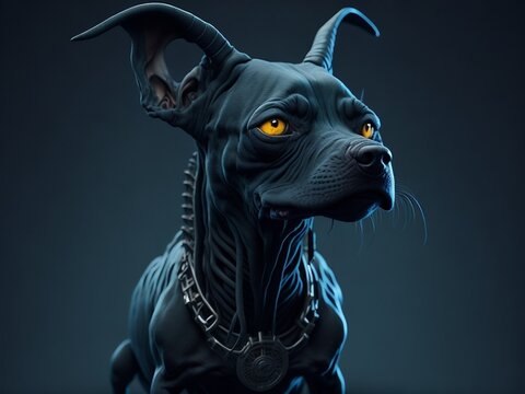 Black alien dog 3D rendering on a dark background