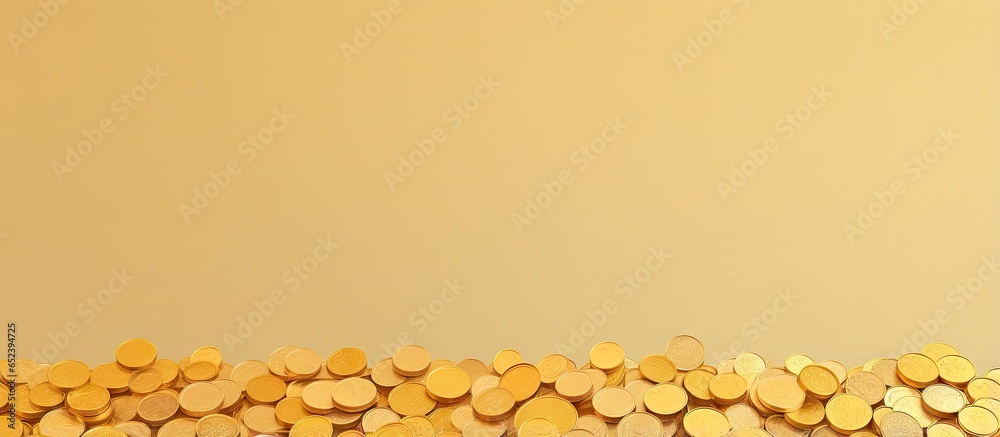Poster 3 dimensional computer generated picture of numerous gold coins isolated pastel background copy spac