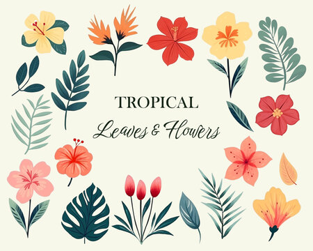 Tropical vector flowers. Watercolor floral illustration. Set of exotic flowers and leaves. Tropical collection