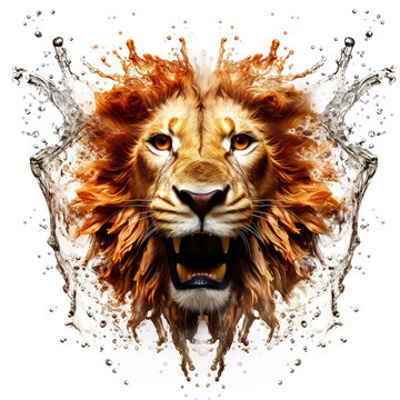 Image of lion face with water splash on white background. Wildlife Animals. Illustration, Generative AI.