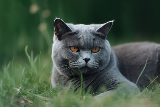 Image of british shorthair cat resting on green pasture grass. Pet, Illustration, Generative AI.