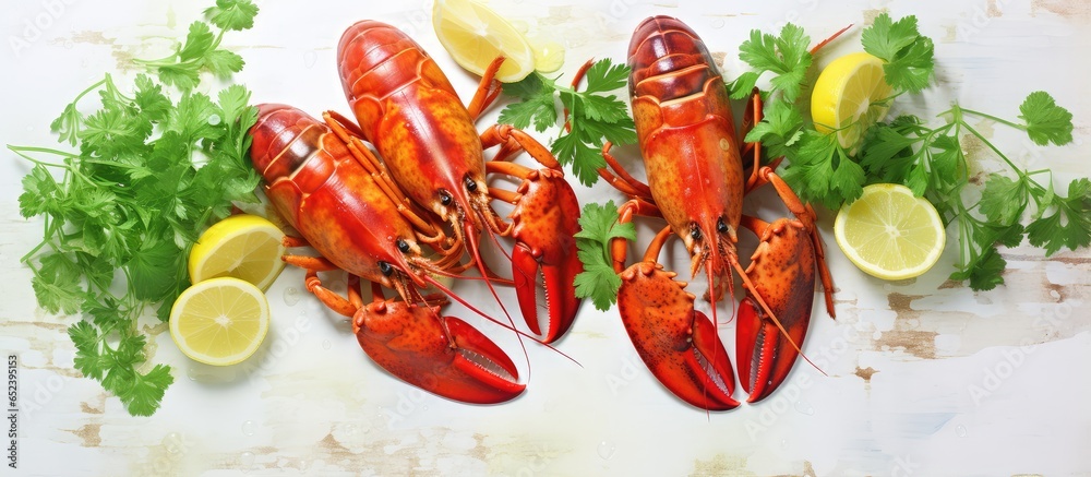 Poster three lobsters on a white table with garnish in sunlight isolated pastel background copy space