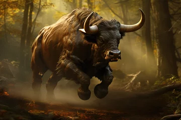 Afwasbaar fotobehang Image of a bull in the forest. Wildlife Animals. Illustration, Generative AI. © yod67