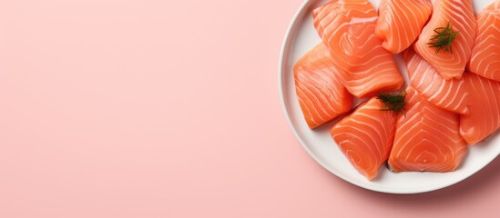 Raw salmon on plate on isolated pastel background Copy space - obrazy, fototapety, plakaty