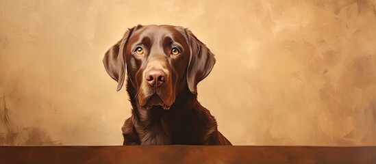 A brown labrador dog is seated isolated pastel background Copy space