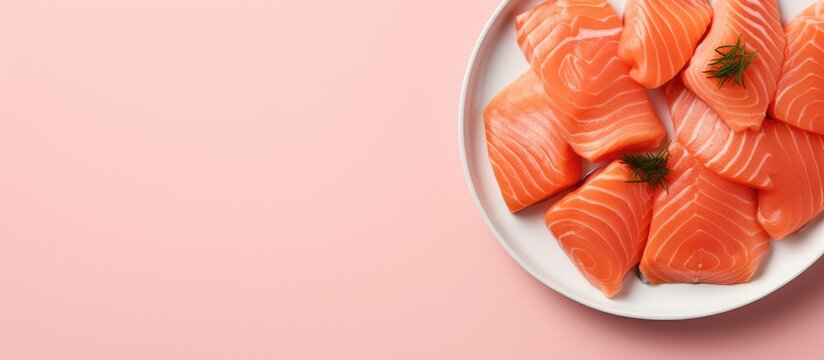 Raw salmon on plate on isolated pastel background Copy space