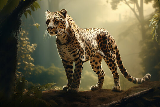 Image of a leopard in the forest. Wildlife Animals. Illustration, Generative AI.